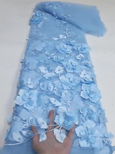 Tissu bleu 3D fleur dentelle tissu avec perles de haute qualité français broderie Tulle tissu africain pour la couture de robe de soirée de mariage 231129