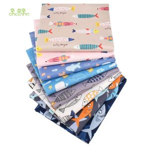 Fabric Chainho, motif de poissons de dessin animé, tissu de coton en serre-serre, 8 conception, matériau de courtepointe de couture de bricolage pour les draps pour bébés pour enfants