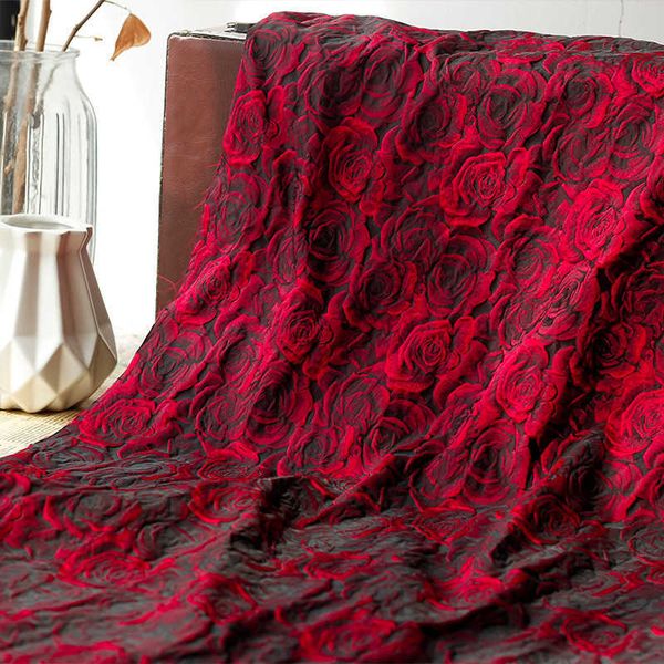 Tissu rouge foncé en relief 3d rose jacquard Tissu teint en fil pour la robe femelle sac diy cora 50cm x 165 cm p230506