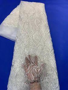 Tissu en dentelle perlée faite à la main, tissu de haute qualité, 5 Yards, tissu en dentelle blanche nigériane, tissu en dentelle perlée lourde, ZX4649