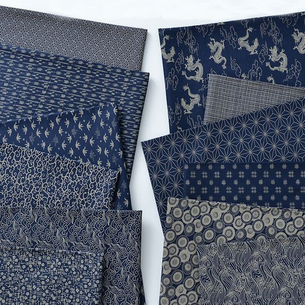 Tissu bleu marine pur coton tissus thé Art japonais matériaux faits à la main vêtements géométrie impression numérique tissu par demi-mètre 230613