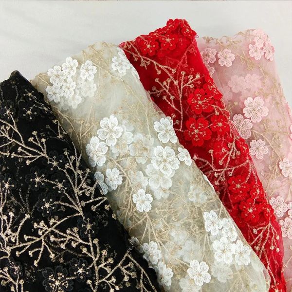 Tissu nouveau 1yard tridimensionnel or soie broderie petite fleur maille dentelle tissu bricolage robe jupe vêtements matériaux