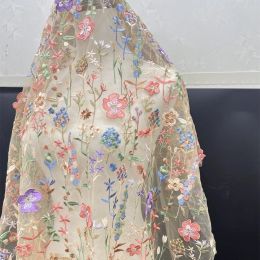 Stof Nieuwe bloemenstof veelkleurig 3D mesh borduurstof kant dameskleding trouwjurk geborduurde stof