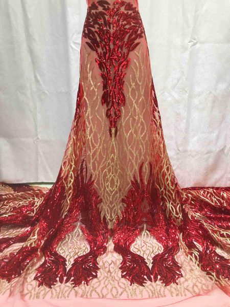 Tela de encaje nigeriano 2022, telas de lentejuelas por yardas, vestido de princesa de un solo lado dorado, rojo y negro para espectáculo de ropa, material diy