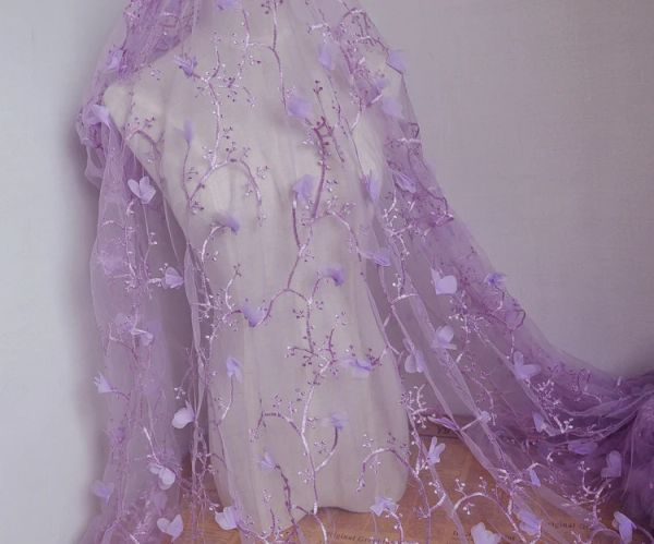 Tissu violet en mousseline de soie 3D, tissu en dentelle à fleurs, patchwork, accessoires de jupe, tissu en fil de filet, tissu en dentelle brodée