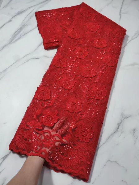 Tela roja con apliques 3D, tela de encaje africano, tela de encaje de tul con lentejuelas francesas, gran oferta 2022, tela de encaje de malla nigeriana para boda de 5 yardas