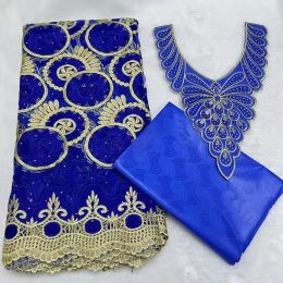 Tissu Bleu ciel 2,5 + 2,5 yards Tissu de dentelle de voile suisse avec tissu africain brodé Bazin Riche pour femmes couture tissu de dentelle de vêtements