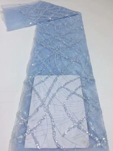 Tissu bleu ciel robe de mariée européenne perles françaises paillettes Tulle dentelle tissu broderie Net 5 Yards dentelle tissu pour mariage