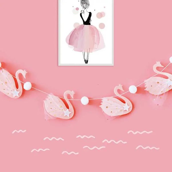 Tela Swan Bunting Pink White Decoraciones de boda para el hogar Garland Suministros de fiesta de cumpleaños Banner Baby Shower Girls Decor 231227