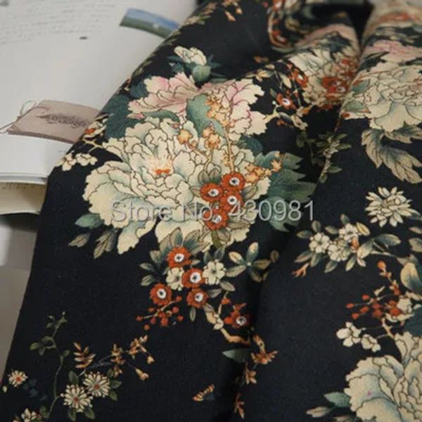 Tela al por mayor con estampado de flores grandes, tela tradicional china para coser cortinas, material de lino y algodón, tela suave para vestido, tecido