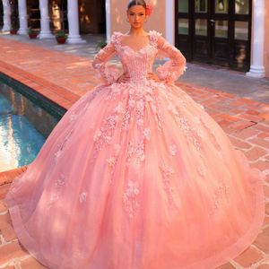 Fantastische 3D -bloemenbaljurk Quinceanera prom jurken Lace Appliques Pargin Sweet 15 16 Dress Puffy Sleeve Princess Vestidos de Quinceanera