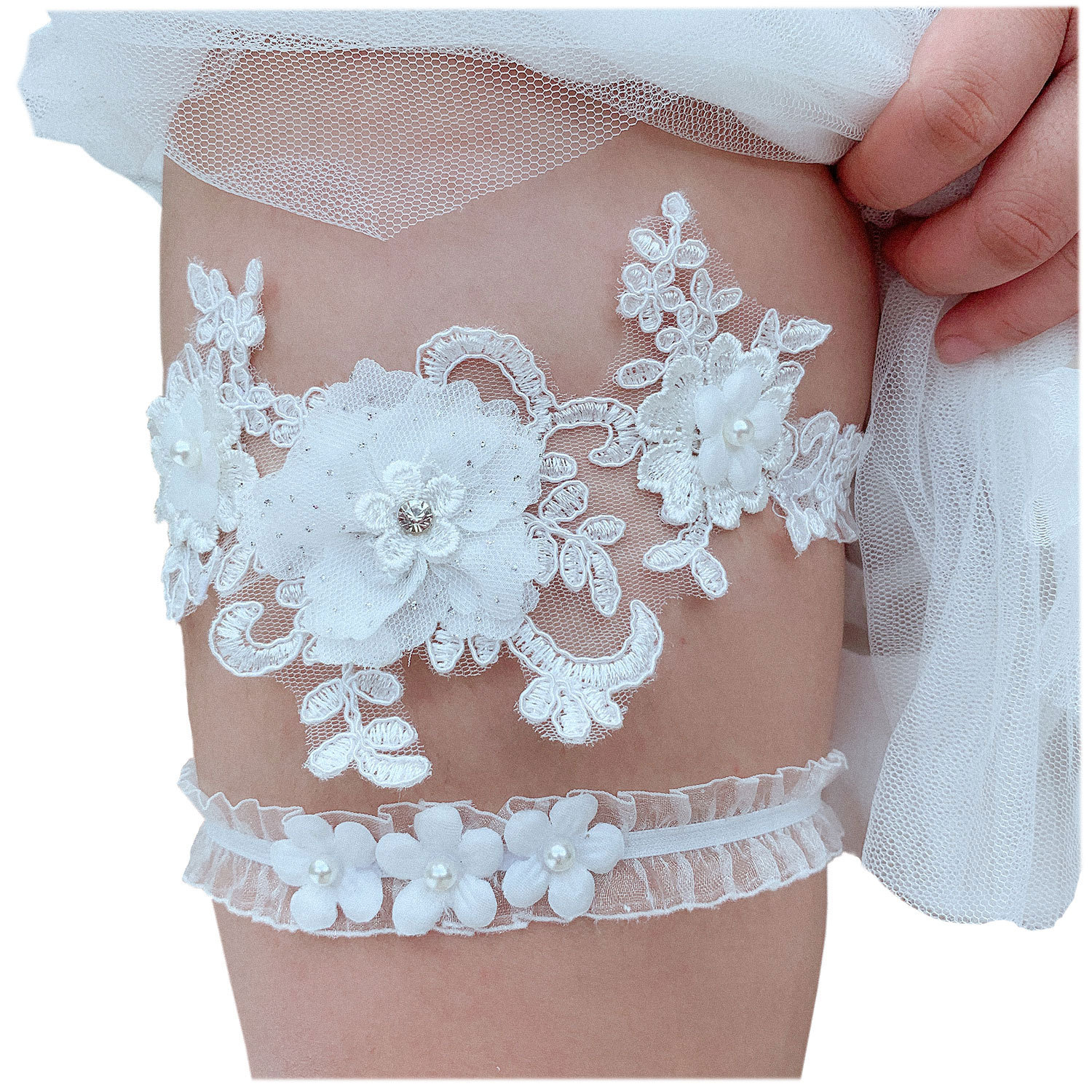 Fabulous 3D Flowers Lace Bridal Garters Sexy Rhinestones Pearls Women Garter Wedding Leg Belt Bride Romantic Thigh Garter Ring Female Accessories