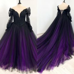 Fantastisch een lijn gotisch off -schouder boho jurken bruidsjurken kanten appliques country druif zwarte trouwjurk