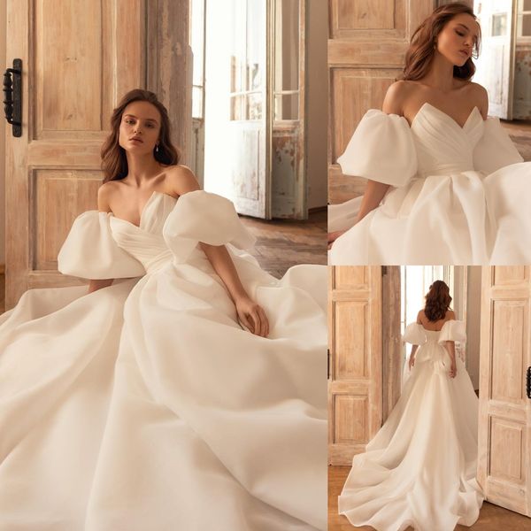 Fabuleuse robe De mariée trapèze plissée, décolleté en V, avec manches bouffantes, traîne De balayage, en Organza