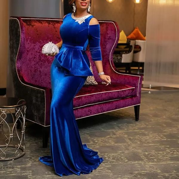 Bleu Velours Manches Longues Sirène Robes De Soirée Jewel Neck Peplum Robes De Bal Plus La Taille Balayage Train Robe Formelle