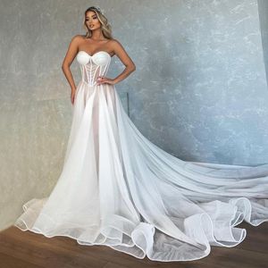 Fabuleux robes De mariée perlées décolleté en cœur robes De mariée grande taille plissée balayage Train Tulle désossé Vestido De Novia