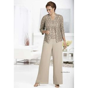 Fabuleux pantalon en mousseline gris costume pour le mariage femme soirée mère pantalon de mariée formelle vestido de madrinha 3 pièces en dentelle veste personnalisée 0510