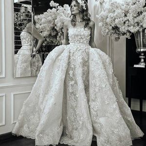 Fabulous Lace Ball Town Trouwjurk Eenvoudige Strapless Kralen Kant Applique Vestido de Novia Bridal Dress Gorgeous Dubai Trouwjurk Goedkoop
