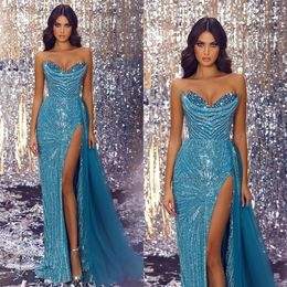 Fabulous lac bleu gaine robes de soirée élégants paillettes perlées chérie cristal robe de bal cuisin