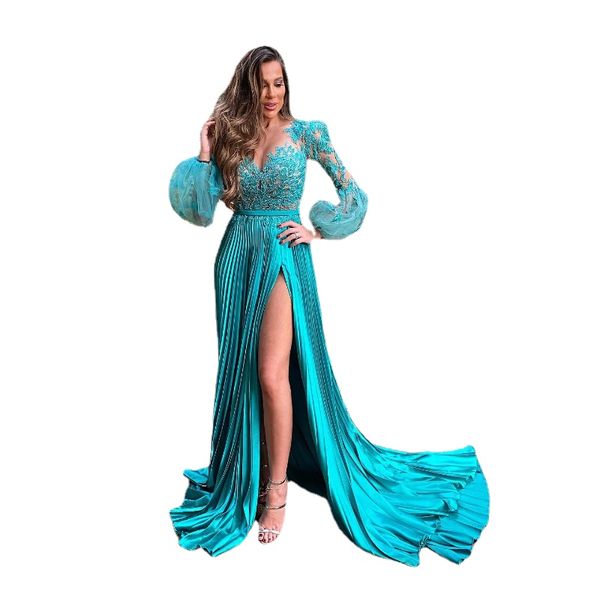 Fabuleux manches longues robes de bal pure bateau décolleté une ligne dentelle robes de soirée côté fendu balayage train tulle occasion spéciale tenue de soirée