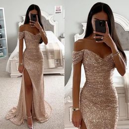 Fantastische zeemeermin Champagne prom jurkt Off Schouder Glitter Sequins avondjurk plooien Split formeel lange speciale affsering feestjurk