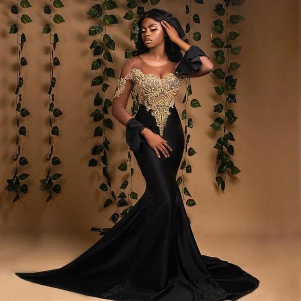 Fabuleuse sirène robes de bal Appliqued manches longues fille noire bijou cou robes de soirée africaines Satin balayage train grande taille robe formelle