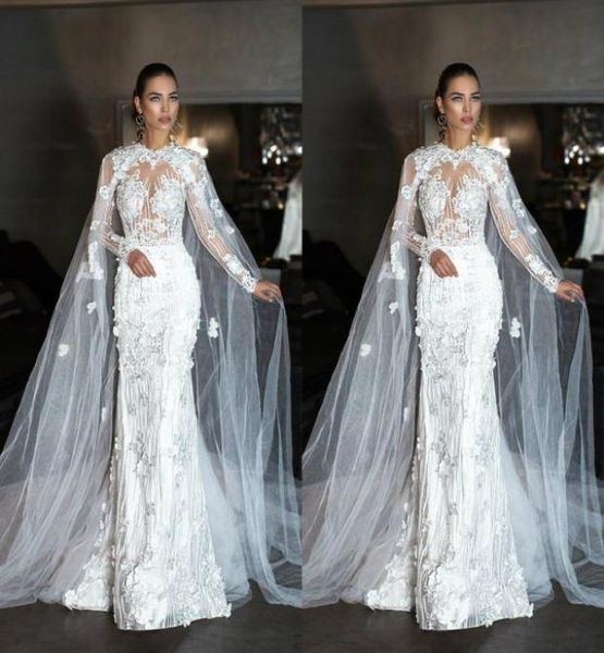 Fabuleux robes de mariée sirène avec Cape bijou cou 3D dentelle robe de mariée robes Dubai à manches longues robe de mariée de plage grande taille 7636373