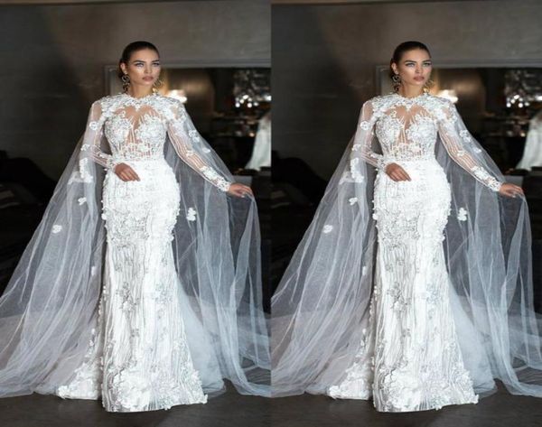 Fabulosos vestidos de novia de sirena con capa y cuello joya Vestido de novia de encaje 3D Vestidos Dubai Vestido de novia de playa de manga larga más tamaño 9001508