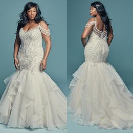 Fabuleux Plus La Taille Dentelle Sirène Robes De Mariée Col En V Perlé Robes De Mariée Balayage Train Sur Mesure robe de mariée