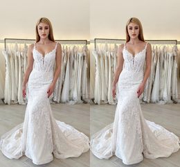 Fabuleux grande taille robes de mariée sirène bretelles spaghetti dentelle appliques satin tulle drapé plis tribunal train robes de mariée robes de noiva sur mesure