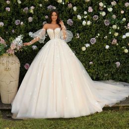 Fantastische gezwollen mouw baljurk trouwjurken Sweetheart Lace Appliques Bridal Jurk Boning Vestido de Novia voor bruid