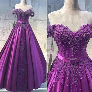 Fabuleux Violet A-ligne Robes De Bal Hors Épaule Perles Dentelle Applique Sash Robe De Soirée Glamorous Satin Etage Longueur Robe De Soirée De Tenue De Cérémonie