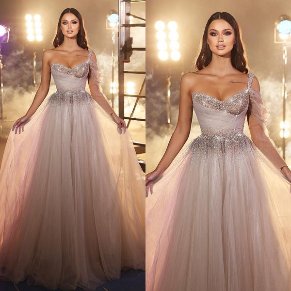 Fabuleux tulle a ligne robes de soirée élégants paillettes de perles de perle de fête robe de bal plies robes formelles pour femmes