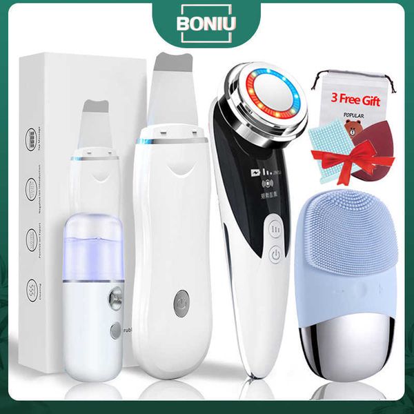 Dispositivos de cuidado facial 4 + 3 Kit Limpiador de piel ultrasónico Limpiador de poros Iones faciales Limpieza profunda Herramientas de pelado sónico Ems Radio Mesoterapia 230915