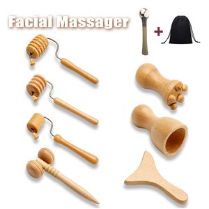 Face Care Devices 8pcs Massager houten gua sha tools houten therapie meridian massagekit rollenting masajeador maderoterapia 230106