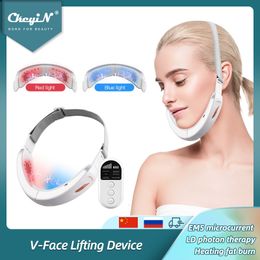 Dispositivos para el cuidado de la cara CkeyiN Chin V Line Up Lift Belt Machine LED azul P on Therapy EMS Lifting Slimming Vibration Massager Double Reducer 230701