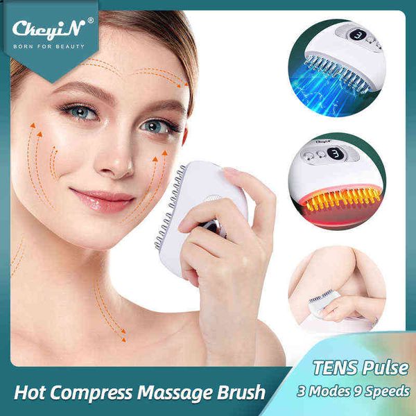 Dispositivos de cuidado facial Ckeyin Cepillo de masaje de vibración eléctrica Compresa caliente Masajeador de elevación facial Ems Pulse Anti Age Face Guasha Board Meridian Comb 0727