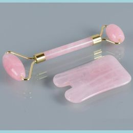 Face Massager 100 Natural Authentic Jade Roller Set Rose Quartz en Gua Sha Face Masr Kit Antiaging Beauty Tools Drop Delivery Health Dhgvw