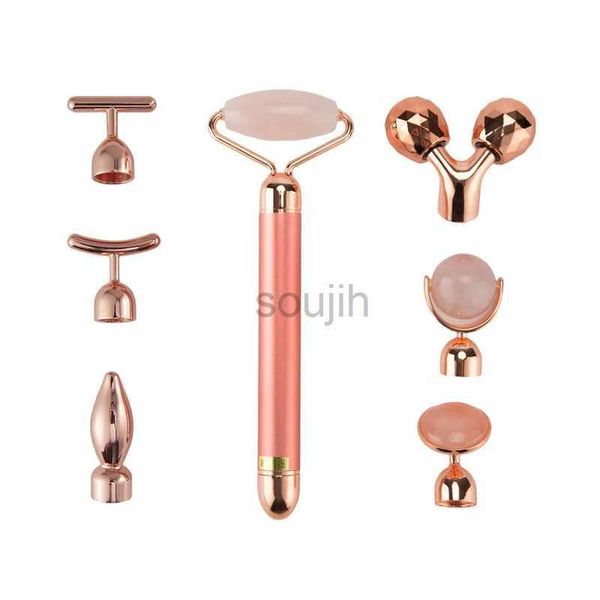 Masseur de visage 24k Gold Beauty Bar Masseur Masseur électrique Vibrant Rose Quartz 3D Rouleau Face Levant Corps Facial Gua Sha Jade Rouleau 240409