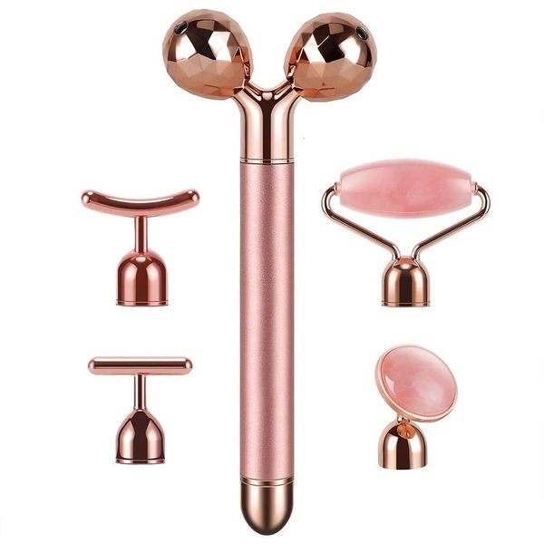 Masajeador facial 5 en 1 24K Oro Belleza Varita Masr Vibrador eléctrico Cuarzo rosa 3D Rodillo Levantamiento Cuerpo Gua Sha Jade 240309 Entrega de gotas H Othkg