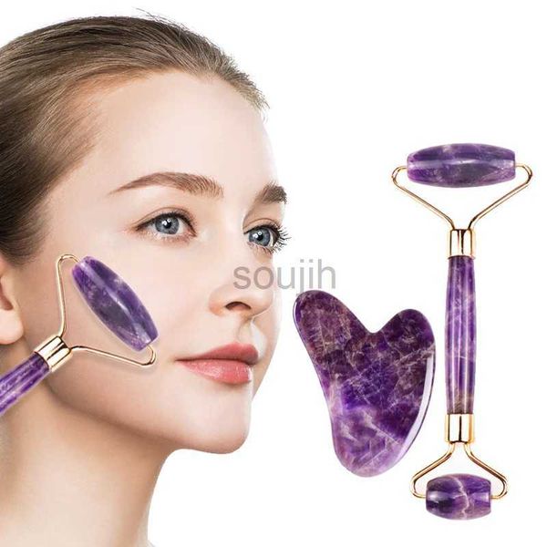 Masavago de la cara Amethyst Massage Roller Gua Sha Massager Stone Natural Jade Anti Wrinkle Facial Beauty Lift delgada Relajación de las herramientas de adelgazamiento 240409