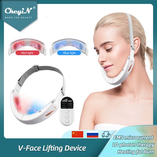 Masseur de visage CkeyiN Chin V-Line Up Lift Belt Machine Bleu LED Pon Thérapie EMS Lifting du visage Minceur Vibration Masseur Double Menton Réducteur 230920