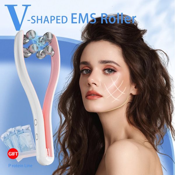 Masseur de visage EMS Rouleau de levage de visage RF Double menton V Masseur en forme de visage Jaw Cheek Minceur Minceur Lift Up Ceinture Outil de soins de la peau 230726