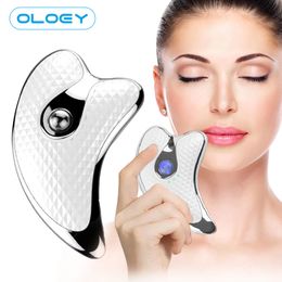 Masajeador facial mejora Guasha belleza masajeador eléctrico Gua Sha placa calefacción vibración masajeador tratamiento rojo y azul raspador herramienta 230724