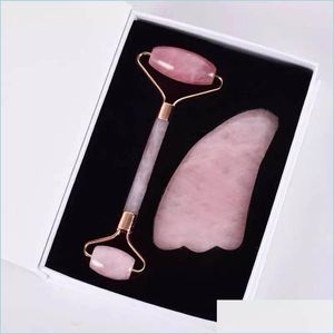 Face Massager Face Care Mas Roller Natural Rose Quartz Gua Sha Tool Set Originele echte Jade Acupunctuur Scra Eye gezichtsbehuizing Body Healing Dhfnw