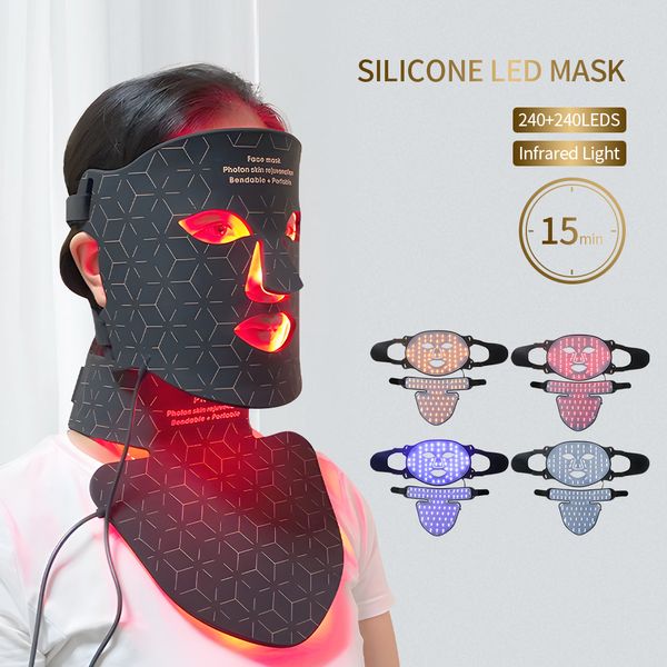 Masque de silicone pour le visage et le cou, masseur pour le visage, 240LED, lumière infrarouge, rajeunissement de la peau, anti-rides, éclaircissant, masque de thérapie à lumière LED 3D 230829