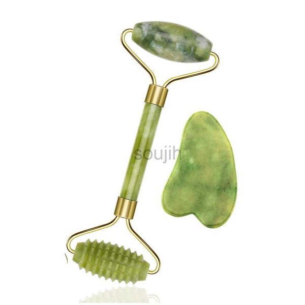 Masseur de visage vert naturel beauté double roller épine rouleau jade roller massage de massage facial pour le cou du cou arrière relaxation mâchoire détente 240409