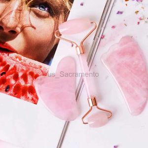 Masseur de visage Rouleau de jade Visage Gua Sha Ensemble d'outils Machine de massage en cristal de quartz rose Soins de la peau Grattoir de massage pour la santé du corps et du cou du visage 240321