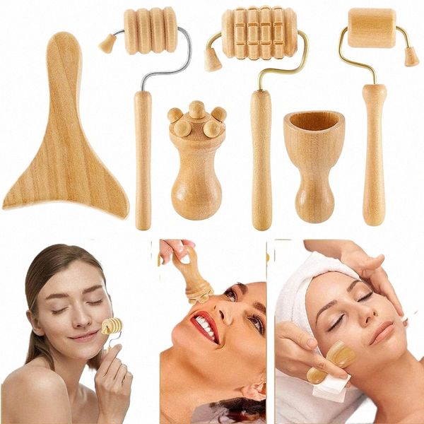 Visage Masseur Maderoterapia Visage Rouleau Mini Bois Thérapie Visage Minceur Gua Sha Grattoir Lifting Du Visage Rides Remover x5xM #