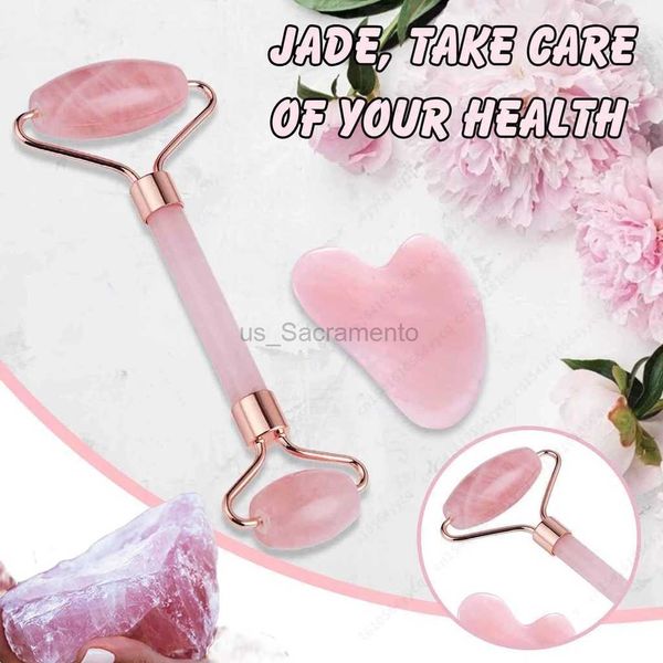 Masseur de visage Rouleau de jade en quartz rose naturel Ensemble Gua Sha Rouleau de massage du visage et du corps Rouleau de massage en pierre de jade Outil de massage de beauté pour amélioration du visage 24321